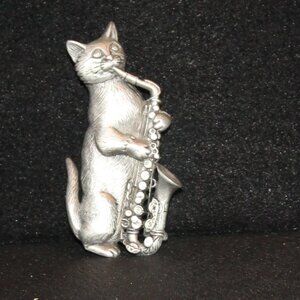 JJ Jonette Pewter Cool Cat Playing Saxophone Brooch PIN Musicical